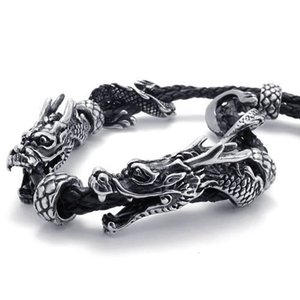 สร้อยข้อมือหนังถักลายหัวมังกรคู่ ยี่ห้อ Yunnique เงินทิเบต ของขวัญเครื่องประดับผู้ชาย เชือกเคลือบสีดำ สไตล์สัตว์ - Product Image 3