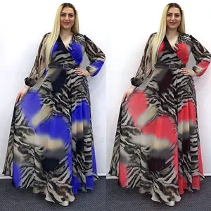 2021新しい春の冬のドレス風景パターンの女性のスリムなドレスベルト付きの大きな裾のVネックプリントドレス