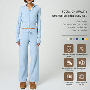 ชุดสเวตเตอร์ถักคอกลม2ชิ้นสำหรับผู้หญิงชุดเสื้อสเวตเตอร์ถักกางเกงขากว้างสำหรับผู้หญิงสีทึบ - Product Image 3