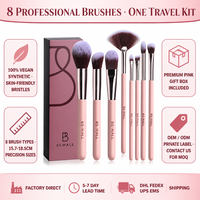 BS-MALL Ensemble de 8 mini-pinceaux de maquillage de voyage roses, synthétiques, vegan, portables, étiquette privée, vente en gros, petite taille, pinceaux cosmétiques pour le visage