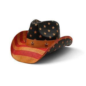 Moda de alta calidad de paja de papel al por mayor sombrero de vaquero de ala ancha con forma de ala ancha Bandera de EE. UU. Stipple impreso adultos sombreros de sol - Product Image 4
