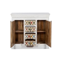 Buffet en bois artisanal avec incrustations de verre multicolores |   Console de rangement blanche antique |   Salon et salle à manger vintage