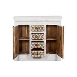 Buffet en bois artisanal avec incrustations de verre multicolores |   Console de rangement blanche antique |   Salon et salle à manger vintage - Product Image 3