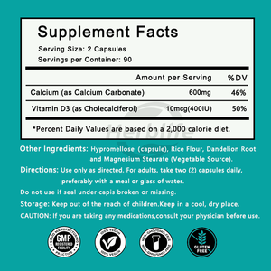 Capsules de calcium et vitamine D3 (600 mg de calcium, 400 UI de D3) pour le soutien des os et des dents, complément végétalien, marque privée OEM ODM - Product Image 2