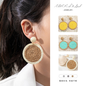 Boucles d'oreilles tressées en rotin pour femmes, style ethnique, style bohème, fait main, rond, cercle rond, 2025 - Product Image 6