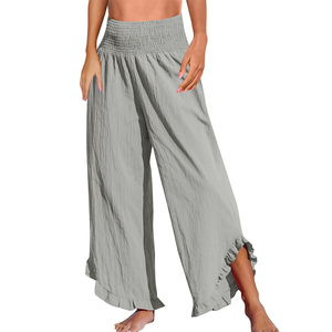 DOVEARK <span class=keywords><strong>Pantalon</strong></span> décontracté pour <span class=keywords><strong>femme</strong></span>, style européen et américain, taille haute, avec cordon de serrage, froncé, coupe irrégulière, en coton et lin doux, coupe ample - Product Image 3