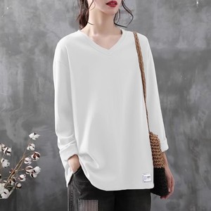 V-Neck Long Sleeve T-Shirt Loose Fit Knitted Women's Autumn Solid Color Yellow T-Shirt - Product Image 3