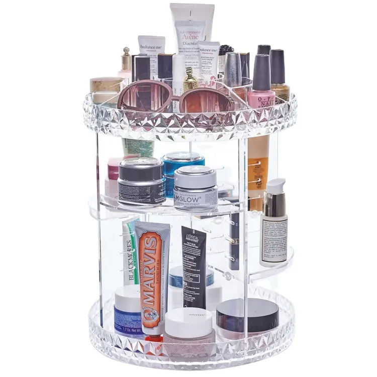 HelloWorld Top 360 Degree Vanity Divisoria Spinning Rotating Clear Plastic Acrylic Cosmetic Make Up Makeup Organizer For Desk