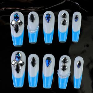 Uñas postizas de lujo acrílicas con estrellas y pedrería, de cobertura completa, hechas a mano, color azul ataúd, precio de fábrica al por mayor - Product Image 1