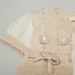 Tricot à manches courtes pour bébés filles, vêtements d'été, crochet floral, pull tricoté 100% coton pour enfants