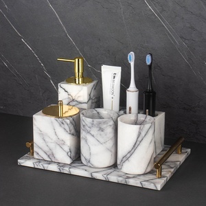 Juego de Baño de Mármol Lila Stonekocc de 8 Piezas, Organizador de Tocador Todo en Uno, Bandeja de Baño, Dispensador de Jabón, Portacepillos de Dientes - Product Image 4