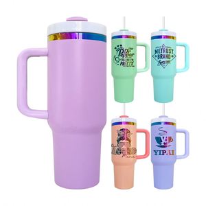 2024 New Style Powder Coated 40Oz Macaron Rainbow Plated Tumbler <b>Mugs</b> Cups With Handle for Laser Engraving - Product Image 1