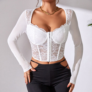 <span class=keywords><strong>Blusa</strong></span> de mujer sexy sin espalda <span class=keywords><strong>con</strong></span> encaje y <span class=keywords><strong>manga</strong></span> larga, bordado floral negro, hombros descubiertos - Product Image 3