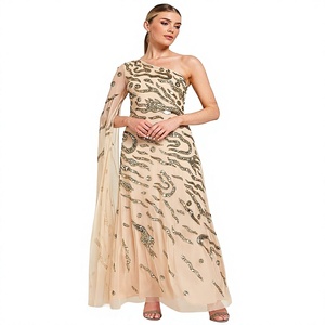Vestido de noche de chifón con estampado animal, de un solo hombro, con lentejuelas en relieve, transpirable, manga capa, corte en A, largo hasta el suelo - Product Image 5