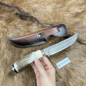 Cuchillo de caza de ciervos para exteriores Damascus, hoja fija de espiga completa con escamas de hueso de ganado, para desollar y supervivencia - Product Image 6