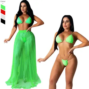 Costume da Bagno Tre Pezzi Sexy <span class=keywords><strong>Mini</strong></span> Bikini <span class=keywords><strong>Trasparente</strong></span> e Abito da Spiaggia - Product Image 1