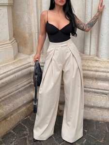 <span class=keywords><strong>Pantaloni</strong></span> Palazzo a Vita Alta su Misura, <span class=keywords><strong>Pantaloni</strong></span> <span class=keywords><strong>Larghi</strong></span> Beige Plissettati <span class=keywords><strong>con</strong></span> Vita Pieghevole, per Uso Professionale e Cerimonie - Product Image 1