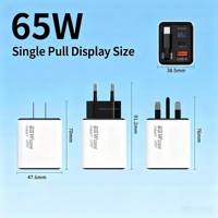 Chargeur rapide GaN 65W USB C USB A double port avec affichage numérique, adaptateur secteur pour iPhone, téléphone portable Android, adaptateur mural