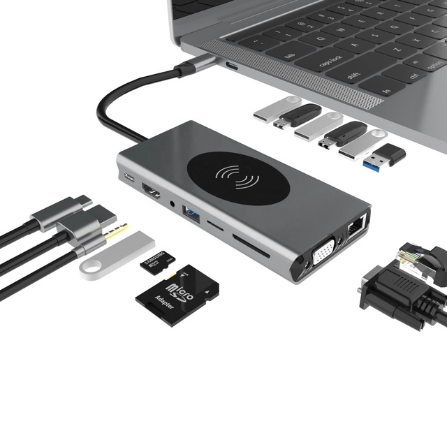Wholesale 15 in 1 USB C Hub Station USB C Hub Smart Adapter Wireless Charger OTG Adapter Hub Type C for Laptop Accessories