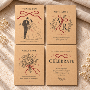 Biglietti di ringraziamento personalizzati in carta kraft per matrimonio, disegno a righe sposa e sposo con motivo fiocco rosso, biglietti di ringraziamento per souvenir di matrimonio - Product Image 5