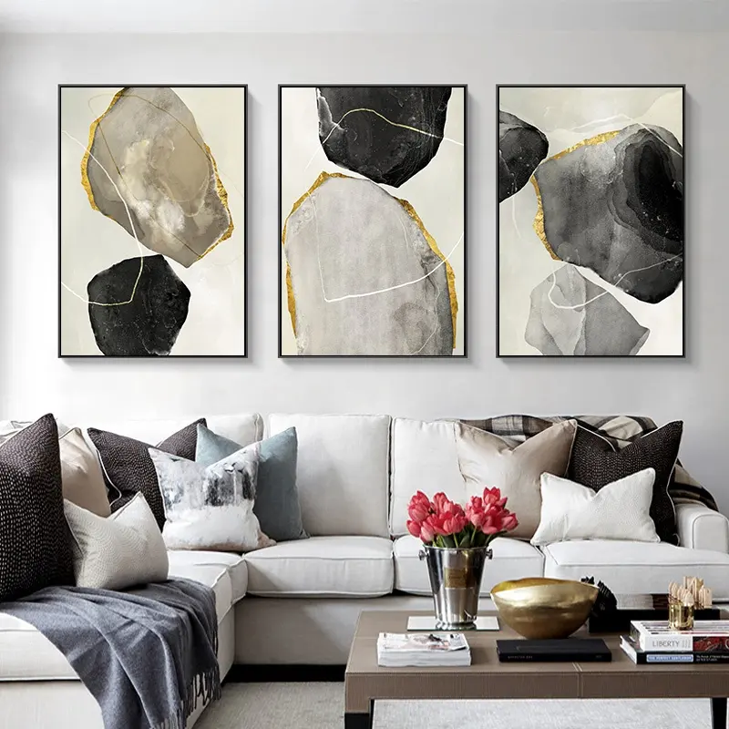 Abstract Multicolor Geometric Shapes Illustrations Modern Art Wall Decor Frame Marble Paint with Gold Foil Canvas Prints