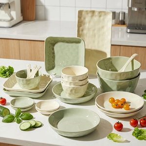 2026 New Cream Style Ceramic Bowl Dish <b>Set</b> with Spoon/Fork/Knife/Chopsticks <b>Microwave</b> & Dishwasher Safe Leak-Proof Nordic Design - Product Image 1