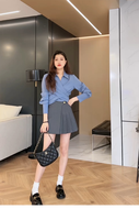 Kemeja Kancing Modis Bernapas Model Longgar Silang Depan Elegan Gaya Korea Musim Gugur Misty Blue