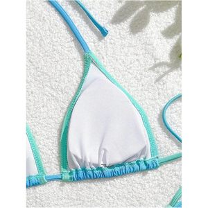 FOXA Women's 2 Piece <b>Bikini</b> Set Floral Beaded Triangle Halter <b>String</b> Swimsuit High Cut Bathing Suit - Product Image 3
