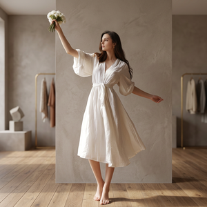 Organic Linen 100% Cotton Bell Sleeve Vintage Casual Dress Side Pockets Spring Summer Plus Size High Waist Breathable Flowy Midi - Product Image 3