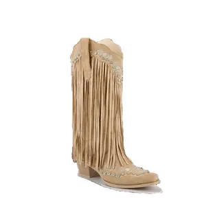 WETKISS 2024 OEM Fringed Western Mid Calf Boots Suede Frosted Apricot Chunky Heel Snip Toe Boots for Cowgirl