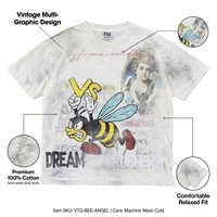Camiseta Gráfica Personalizada 100% Algodón Vintage con Lavado Ácido, Jersey Grueso Slub, Corte Regular, Estampado High Street Angel Bee, Serigrafía