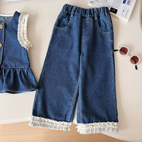 Ensemble de vêtements pour filles 2026 : Gilet en jean à volants et patchwork de dentelle + Jean (2 pièces)