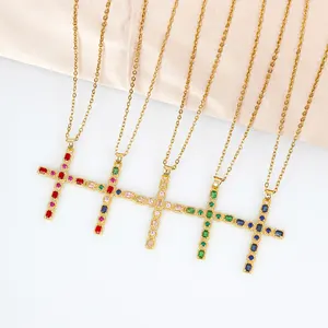 Exquisite Micro Pave Cubic Zirconia Cross Necklace 14K Gold Plated CZ Cross Pendant Necklace Women Decoration