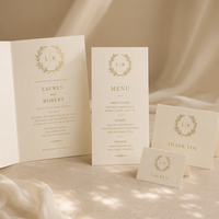 Suite de papeterie de mariage personnalisée en papier ivoire : Invitation, Menu, Carte de remerciement, avec dorure à chaud, pour papeterie de mariage classique, faible MOQ