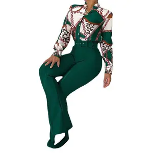 2022 New Printed Blouse Shirt Top And Long Wide Leg Formal Business Pant 2 Piece Suit Sets For Women