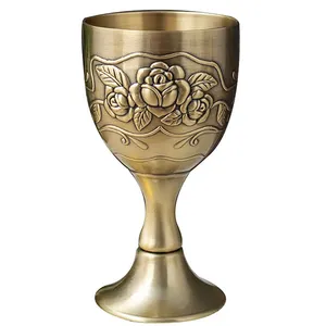 批发纪念品酒吧派对餐厅伏特加金属小玻璃杯高脚杯手工制作复古铜花小玻璃杯