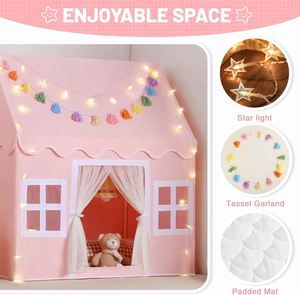 Tente de jeu rose pour filles avec tapis, guirlande à pompons et lumières étoiles, jouets pour enfants en bas âge - Product Image 3