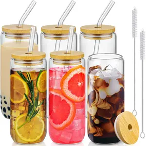 Online Hot 16oz Can Shaped Glass Cups Beer Iced Coffee Drinking Glasses With Bamboo Lids Straw Beer Can Glass With Lid And Straw