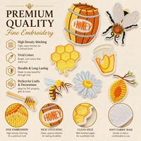 En gros, en stock, appliques brodées mignonnes Abeille, Nid d'abeille, Apiculture, Miel, Nature, à thermocoller et à coudre pour vêtements