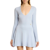 Logo personnalisé Oem & Odm bleu manches longues col en V profond Varsity Ruffle Mini robe pull en laine et coton côtelé pour femmes Vente en gros