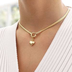 Collier chaîne en os de poisson avec pendentif cœur en acier inoxydable plaqué or, nouveau design - Product Image 2