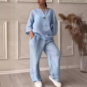 Women's Cotton <b>Linen</b> Casual <b>Set</b> Loose Tops Wide Leg Pants Solid Color S M L XL XXL 3XL 4XL 5XL Europe America Style - Product Image 3