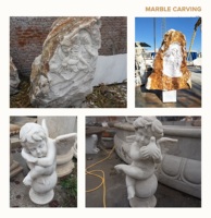 Statue d'ange cherubin réfléchissant en marbre blanc sculpté à la main sur boule pour la décoration de jardin extérieur