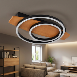 Plafonnier LED rond moderne, design anneau en bois noir, blanc chaud 2700K, culot E27, dimmable pour salon - Product Image 4