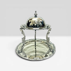 Oriental Engraved Metal Serving Dish With Lid Round Wooden Base <b>Decorative</b> <b>Plate</b> For Presents From India - Product Image 2