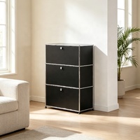 Gabinete de Almacenamiento Modular Negro de 3 Niveles, Diseño Combinado, Estructura de Acero Inoxidable, para Casa, Villa u Hotel