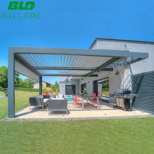 Outdoor Motorized Bioclimatic Black Pergola Waterproof Aluminum Arbour with Grey Acrylic Remote Operation in Black White