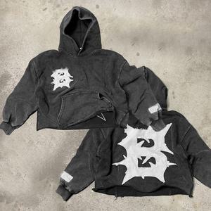 Custom Oversize No <b>Strings</b> Embroidered Patch Logo Cut Edge Applique Hoodie Cropped Retro Old Raw Hem Acid Washed <b>Hoodies</b> Men - Product Image 4