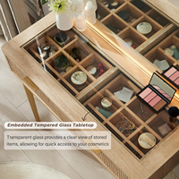 Grand miroir éclairé de bureau de maquillage de vanité moderne et coiffeuse de lumières avec 5 tiroirs et étagères, dessus en verre pour chambre à coucher, chêne