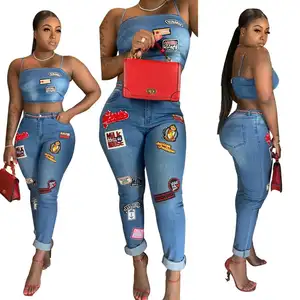 Off Shoulder Straight Strap Tops Mit Jeans Hose 2023 Mode neueste Design Pailletten Cartoon Style Zweiteiler Sets Für Frauen